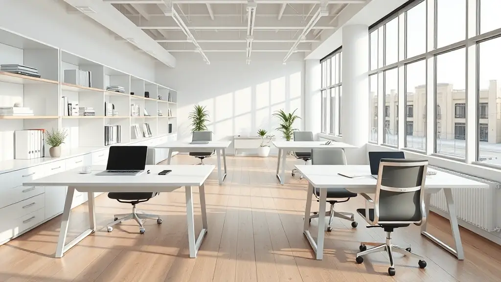 Modern office interior with white desks, ergonomic chairs, and large windows, emphasizing a calm and organized workspace suitable for focused mortgage advice.