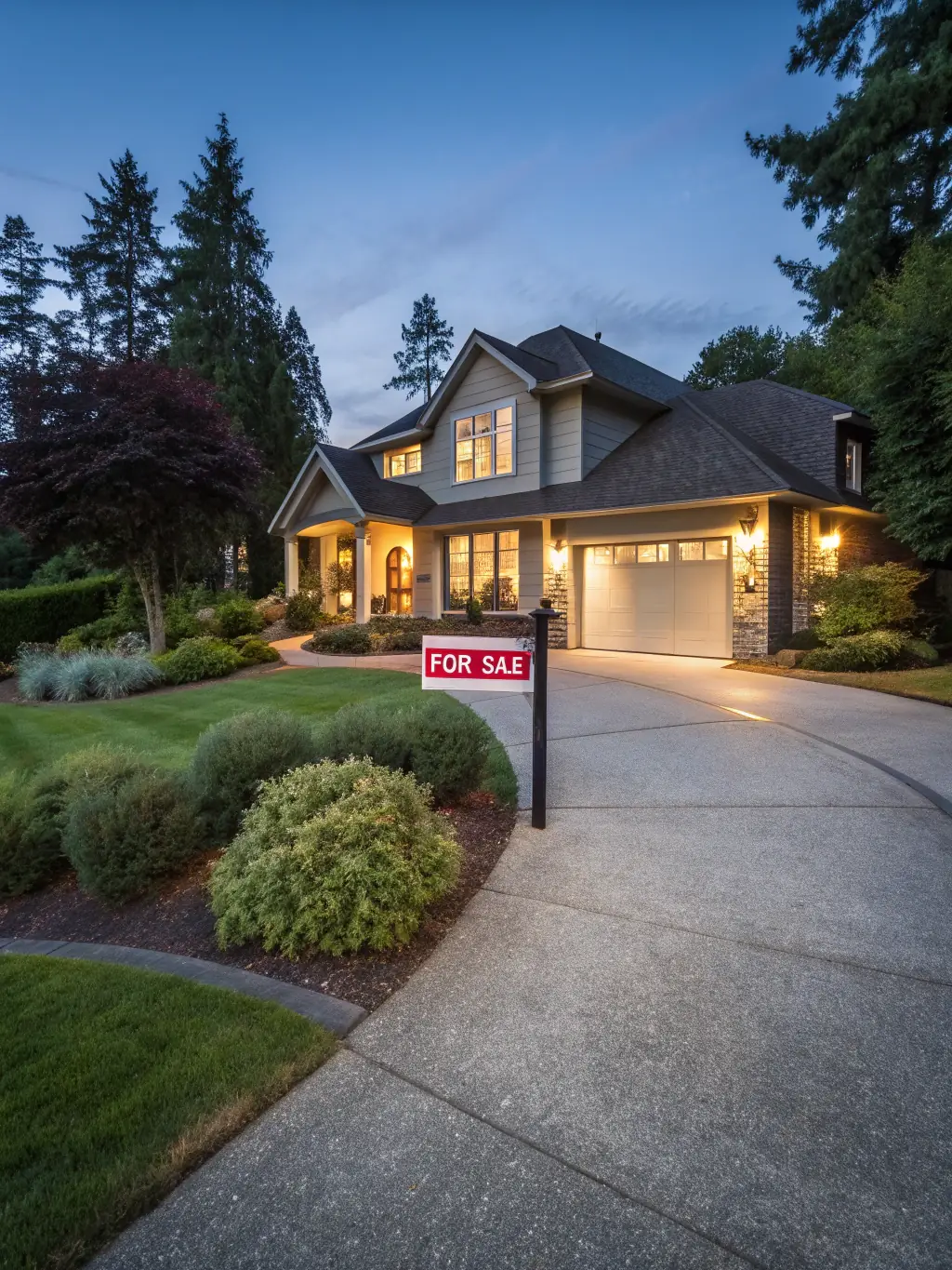 House for sale with a prominent "For Sale" sign, surrounded by landscaped gardens and trees, showcasing a welcoming entrance and driveway, relevant to home buying and financing services.