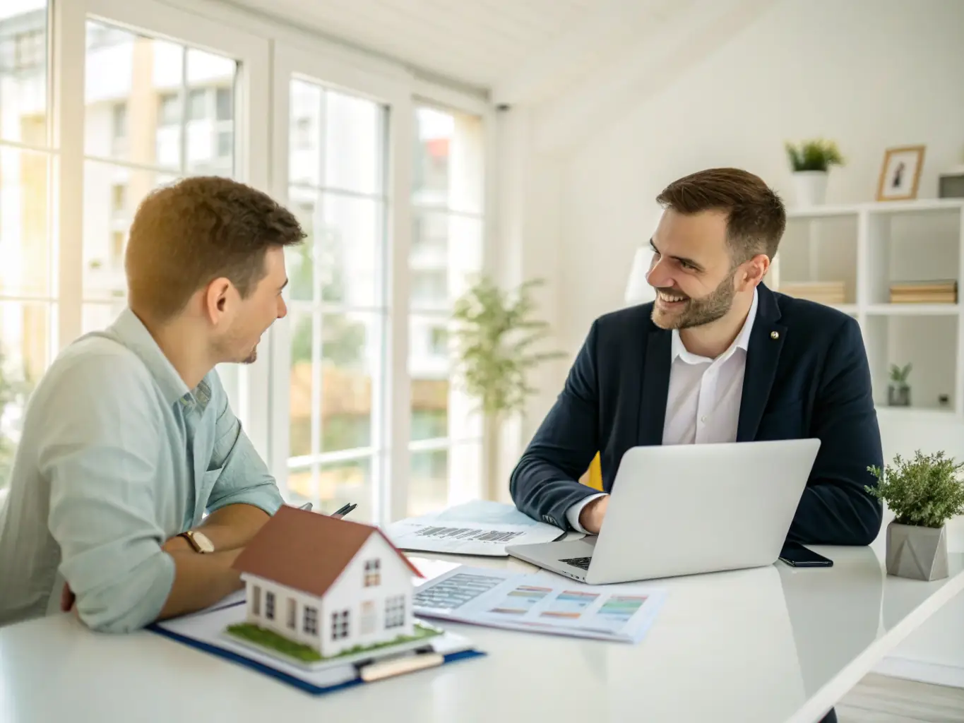 An image of a professional mortgage advisor discussing documents with a client in a calm, modern office setting, emphasizing clarity and trust.