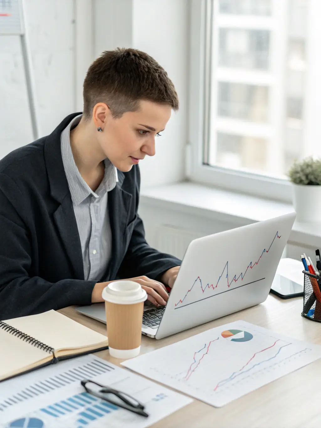 Professional woman analyzing financial data on laptop, surrounded by charts and graphs, with coffee cup and notebook on desk, emphasizing strategic investment and informed decision-making.