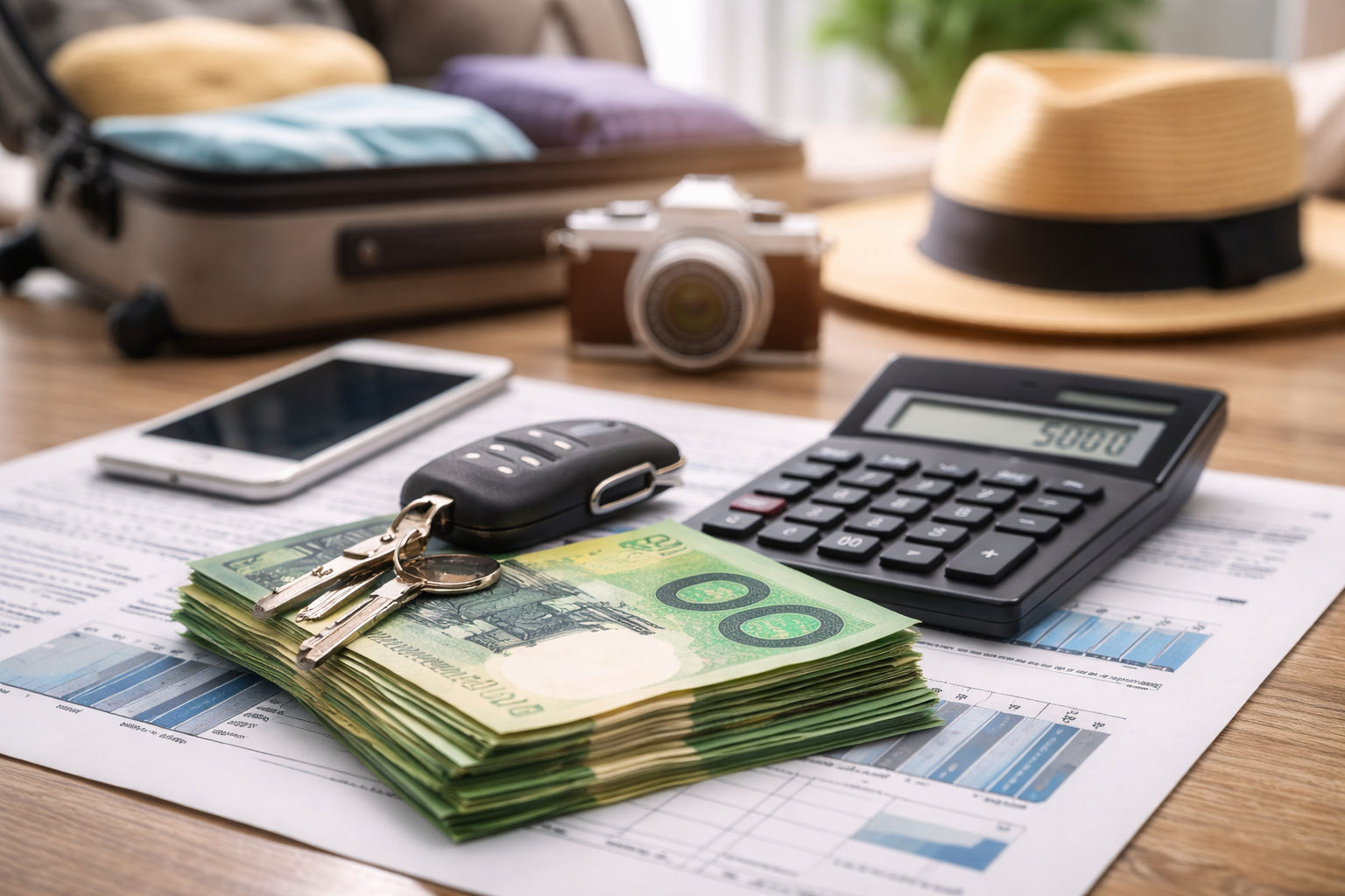 Stack of Australian currency notes with house keys and a car key, smartphone and calculator on financial documents, representing personal finance and loan options.