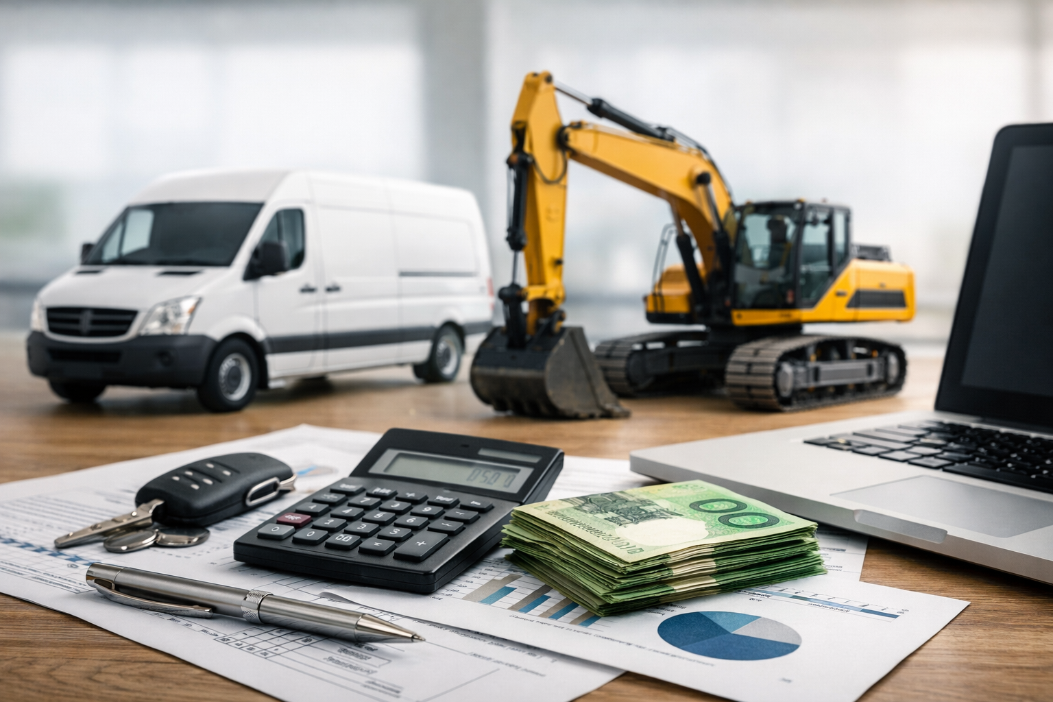 Calculator, stack of cash, and vehicle models on a desk, illustrating asset finance and personal loan options for business growth and investment decisions.
